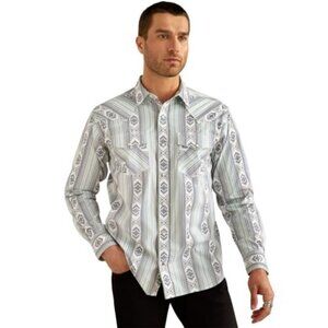 Ariat Men's Heller Retro Fit Aztec Stripe Print Snap Shirt Blue 10054704